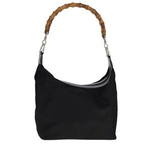💙GUCCI Black nylon fabric bamboo top handle satchel bag.